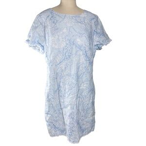 Tommy Bahama Totally Toile Light Blue Tropical Print Linen Shift Dress Sz L EUC